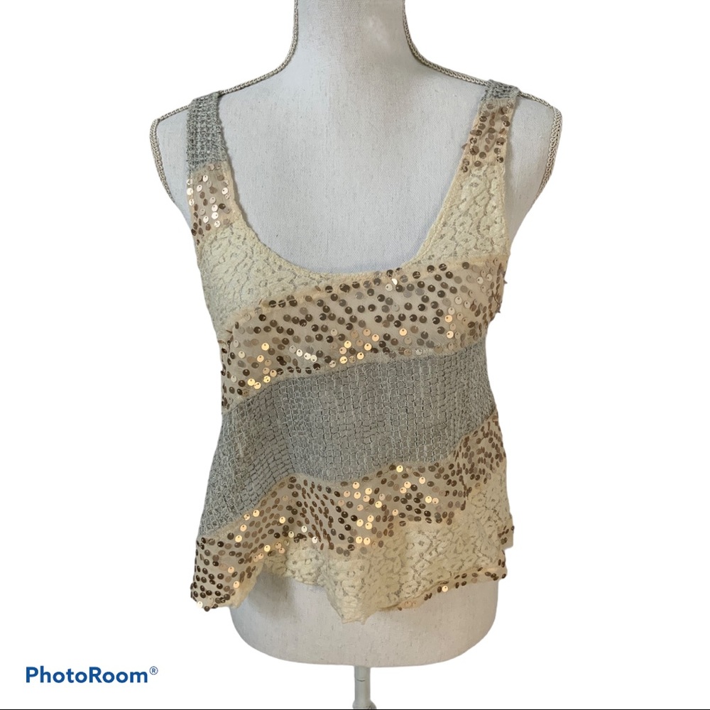 !!! SOLD. !!!  Free People Mixed Material Tank Top Sequin Scoop - Picture 2 of 9